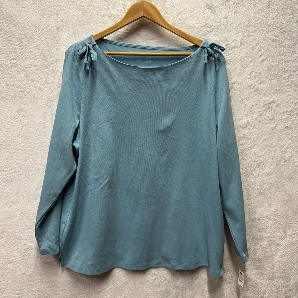 Talbots Blue Tied Shoulder Tunic Top Womens 3X Cotton‎ Boat Neck Coastal Office
